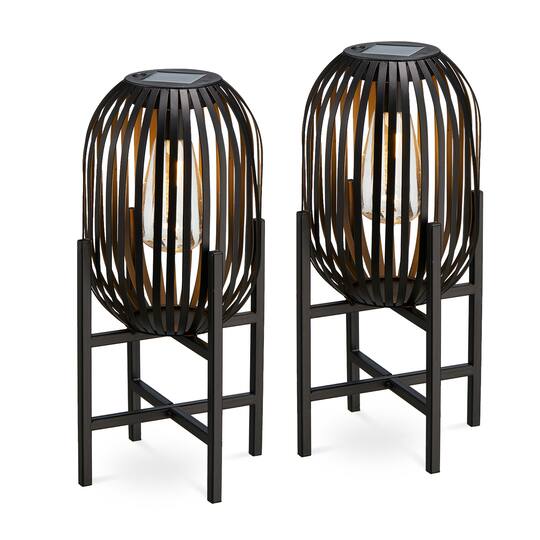 Glitzhome® 14.25" Black Slim Metal Stripes Solar Powered Edison Bulb Outdoor Lantern, 2ct.